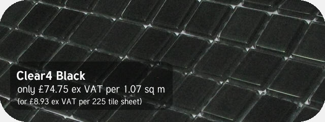 Azurra Clear4 Black 2cm x 2cm crystal clear glass mosaics. Only 74.75 ex VAT per 1.07 sq m (or 8.93 ex VAT per 225 tile sheet)