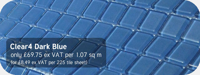 Azurra Clear4 Dark Blue 2cm x 2cm crystal clear glass mosaics. Only 74.75 ex VAT per 1.07 sq m (or 8.93 ex VAT per 225 tile sheet)
