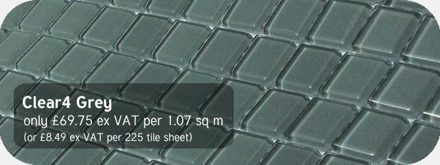 Azurra Clear4 Grey 2cm x 2cm crystal clear glass mosaics. Only 69.45 ex VAT per 1.07 sq m (or 8.49 ex VAT per 225 tile sheet)