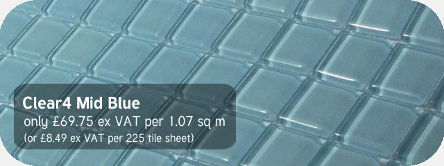 Azurra Clear4 Mid Blue 2cm x 2cm crystal clear glass mosaics. Only 69.75 ex VAT per 1.07 sq m (or 8.49 ex VAT per 225 tile sheet)