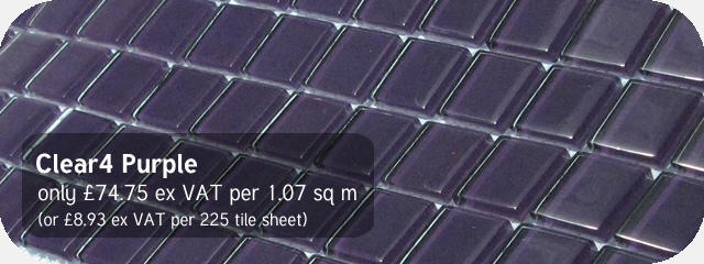 Azurra Clear4 Purple 2cm x 2cm crystal clear glass mosaics. Only 74.75 ex VAT per 1.07 sq m (or 8.93 ex VAT per 225 tile sheet)