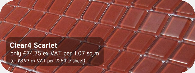 Azurra Clear4 Scarlet / Red 2cm x 2cm crystal clear glass mosaics. Only £74.75 ex VAT per 1.07 sq m (or £8.93 ex VAT per 225 tile sheet)