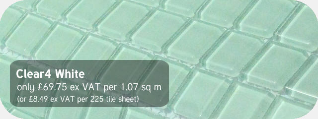 Azurra Clear4 White 2cm x 2cm crystal clear glass mosaics. Only 69.45 ex VAT per 1.07 sq m (or 8.49 ex VAT per 225 tile sheet)