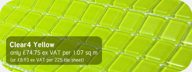Azurra Clear4 Yellow 2cm x 2cm crystal clear glass mosaics. Only 74.75 ex VAT per 1.07 sq m (or 8.93 ex VAT per 225 tile sheet)